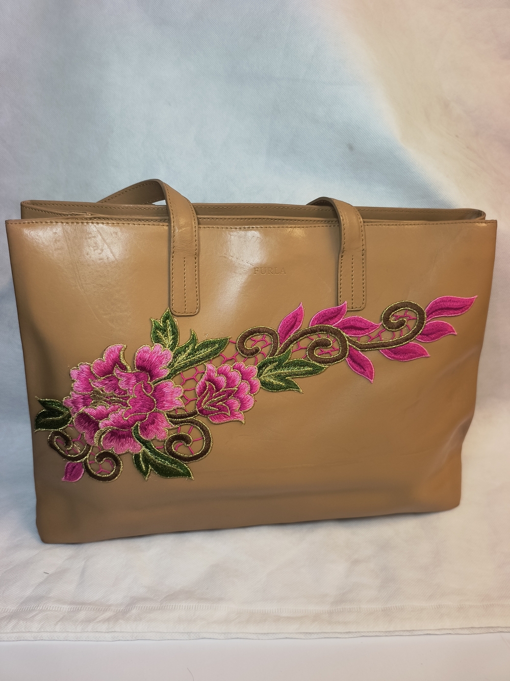 Furla Tan Leather Tote with Pink Floral Embroidery